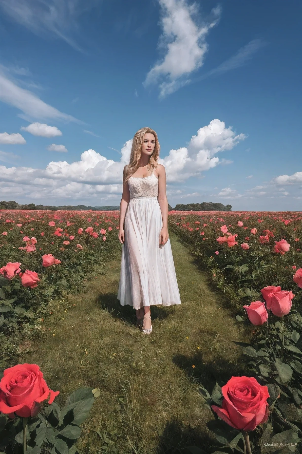 A woman with very long blonde hair is standing in a magnificent field containing of turqouis diamond roses