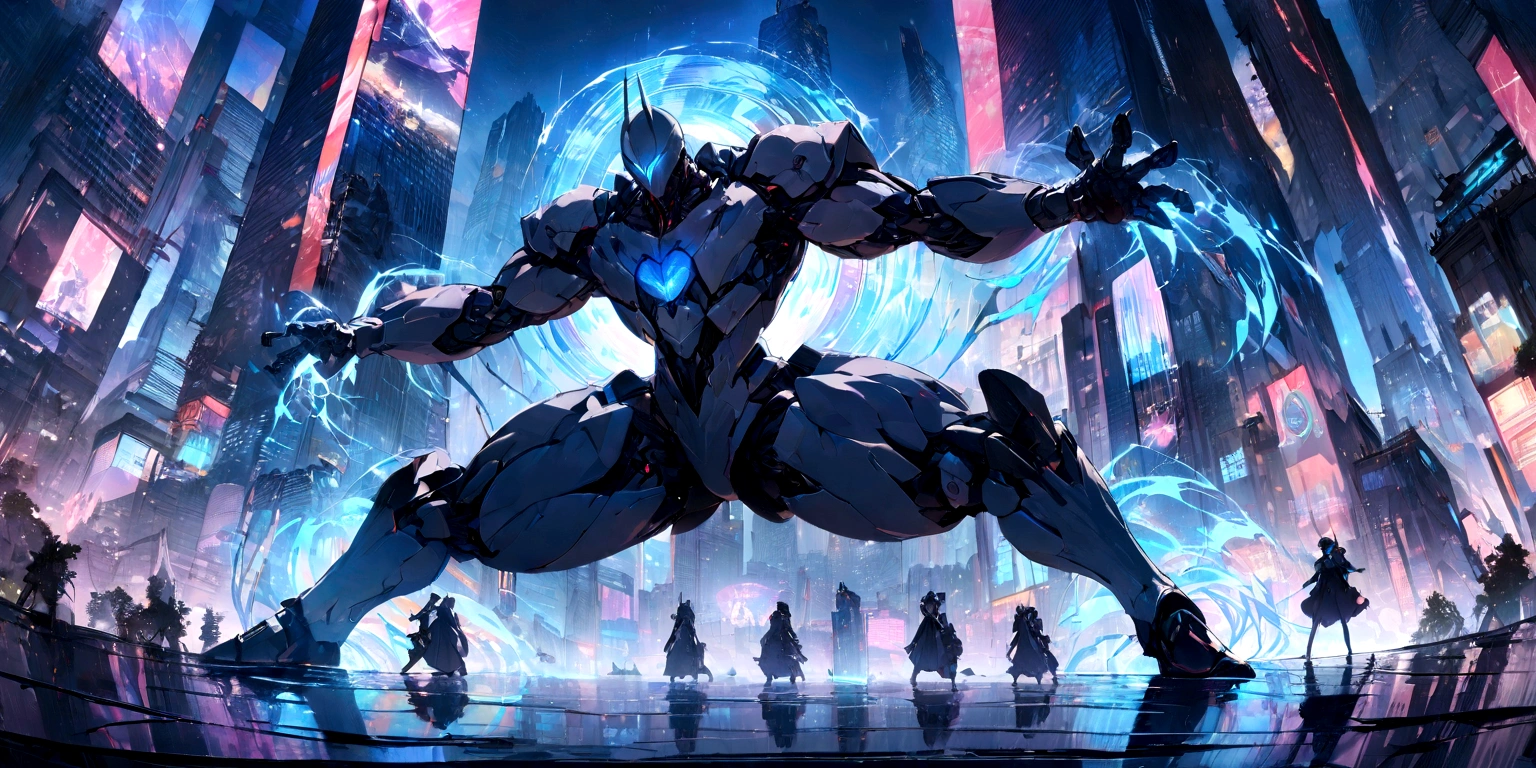 ((masterpiece, Highest quality, Best image quality, High resolution、4k)) 、Devil on Wheels、Big Wheels、Glowing blue eyes and advanced cybernetic enhancements. Seen in dynamic action poses, reflection on a smooth surface. The cityscape below is filled with towering skyscrapers., illuminated by colorful holographic advertisements, Shining with blue energy, Mighty power. The overall atmosphere is dark and mysterious., It had a futuristic techno vibe.. The lighting is dramatic, Intense highlights and deep shadows, Creates depth and tension.