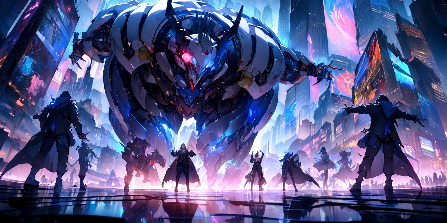 ((masterpiece, Highest quality, Best image quality, High resolution、4k)) 、Devil on Wheels、Big Wheels、Glowing blue eyes and advanced cybernetic enhancements. Seen in dynamic action poses, reflection on a smooth surface. The cityscape below is filled with towering skyscrapers., illuminated by colorful holographic advertisements, Shining with blue energy, Mighty power. The overall atmosphere is dark and mysterious., It had a futuristic techno vibe.. The lighting is dramatic, Intense highlights and deep shadows, Creates depth and tension.