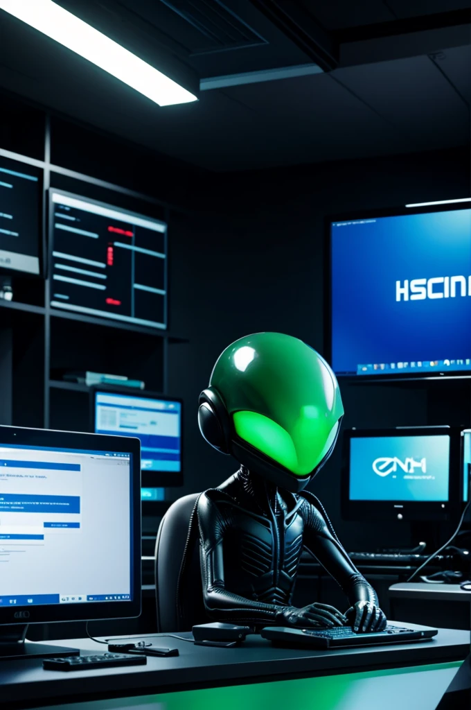 An alien sitting in front of a computer hacking into nothing