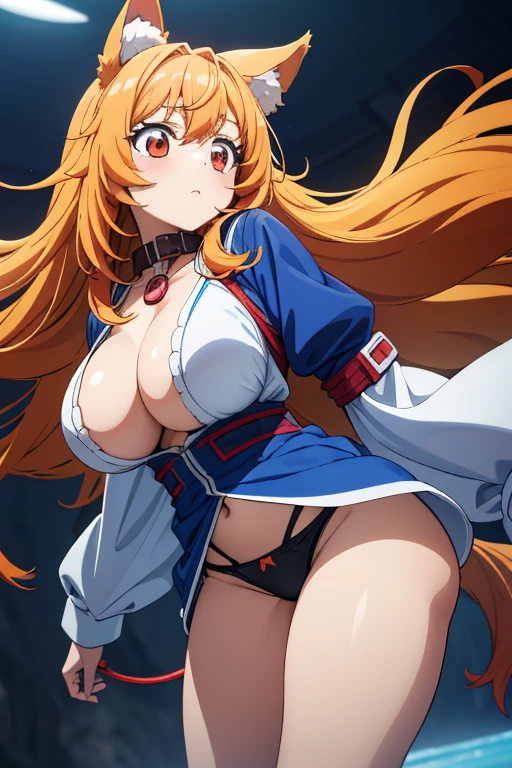White and blue jacket,half-off jacket,Anime girl in black underwear,Light orange hair,Super Long Hair,Messy Hair,A girl wearing a collar and a red lead,Dog ears,Fluffy breasts,tits,