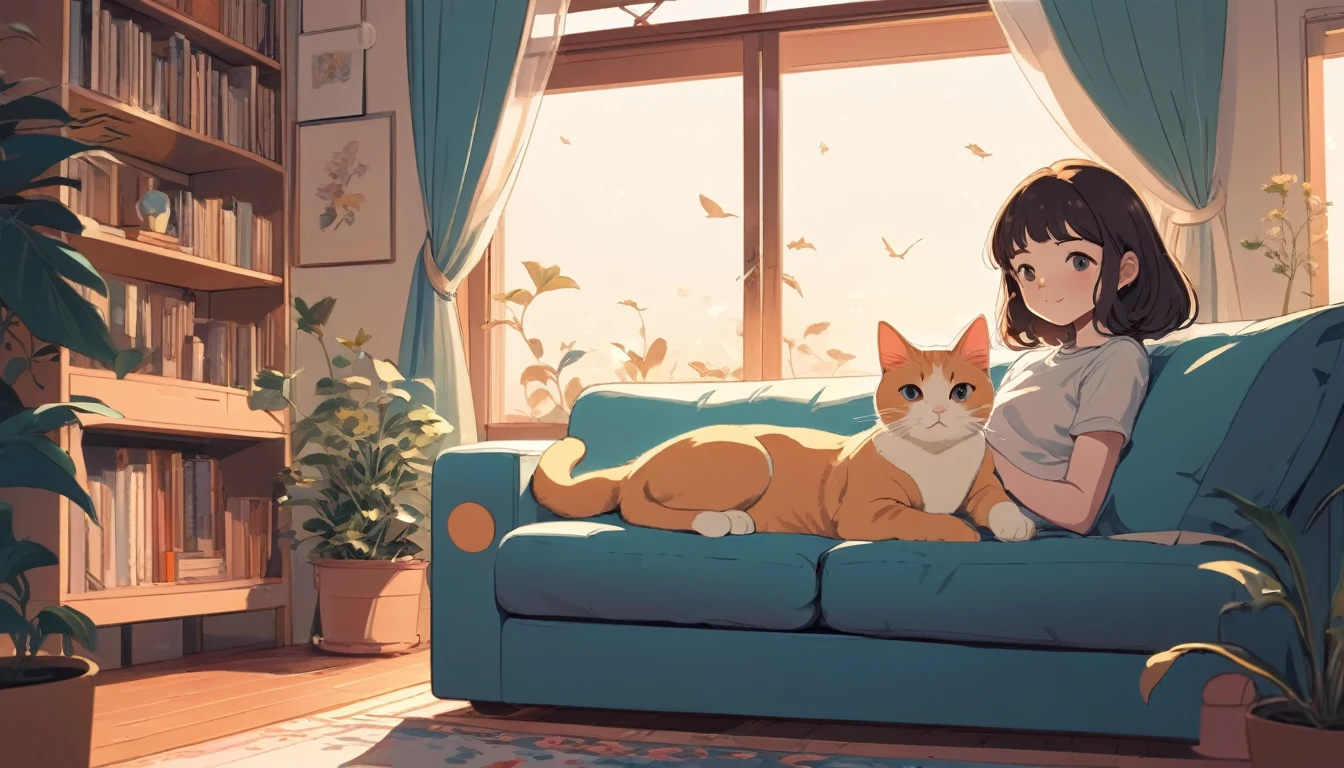 A girl and a cat are sitting comfortably on a sofa, Wide-angle lens, Lofi Anime, Lofi illustration, Aesthetic atmosphere, Lo-Fi Style, Vector art, Flat Design, Simple shape, Warm tones, Pleasant atmosphere, Chill, In anime style, Digital drawing, Vector art, Vector logo for t-shirt printing, (Adorable:1.5), (small:1.4), (Playful:1.2), (soft:1.3), (Whimsical:1.1), masterpiece, Highest quality, 8K, Intricate details, grow, Celestial, Mysterious, Picturesque, amazing, Majestic, Magic, Fantasy art, Cover art, dream-like