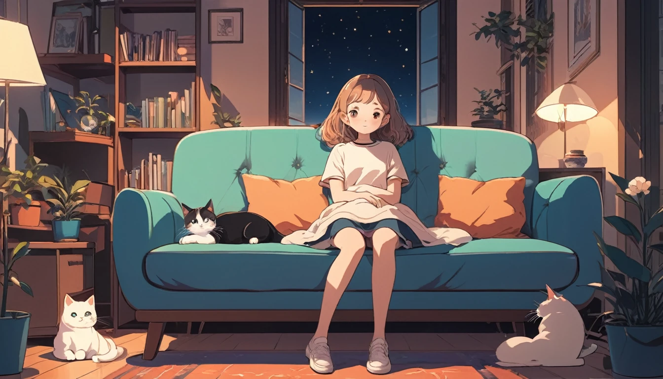A girl and a cat are sitting comfortably on a sofa, Wide-angle lens, Lofi Anime, Lofi illustration, Aesthetic atmosphere, Lo-Fi Style, Vector art, Flat Design, Simple shape, Warm tones, Pleasant atmosphere, Chill, In anime style, Digital drawing, Vector art, Vector logo for t-shirt printing, (Adorable:1.5), (small:1.4), (Playful:1.2), (soft:1.3), (Whimsical:1.1), masterpiece, Highest quality, 8K, Intricate details, grow, Celestial, Mysterious, Picturesque, amazing, Majestic, Magic, Fantasy art, Cover art, dream-like