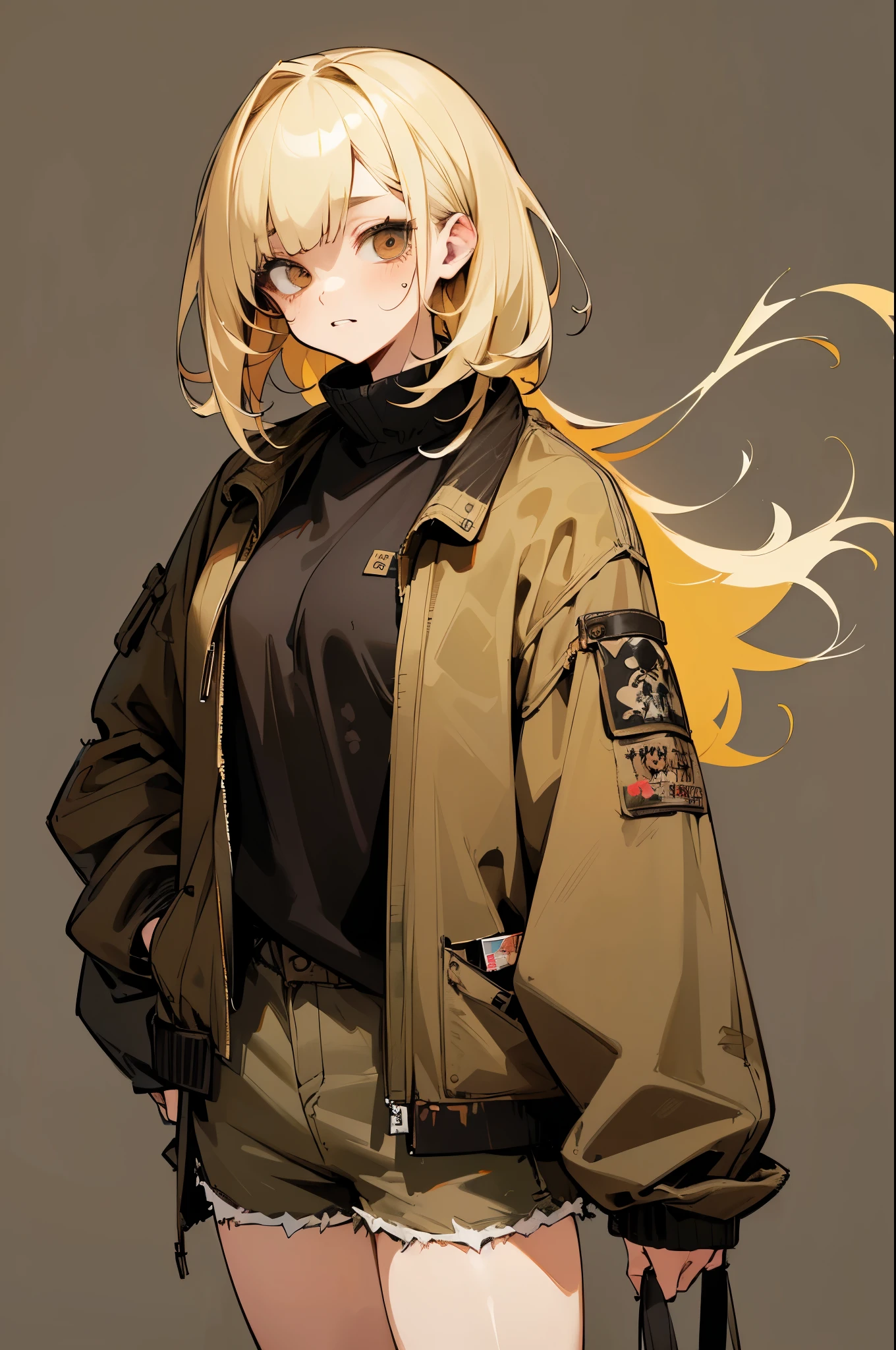 1GIRL, cute girl, finely detailed, (best quality), (intricate details), cute style, , hunter style, zombie apocalypse style, multicolored, ((medium blonde hair)), best quality, ((brown and black clothes)), ((oversized jacket and shorts)), ((distressed style clothes)), ((round eyes)), beautiful face, cute face, pinup, perfect face, simple background portrait