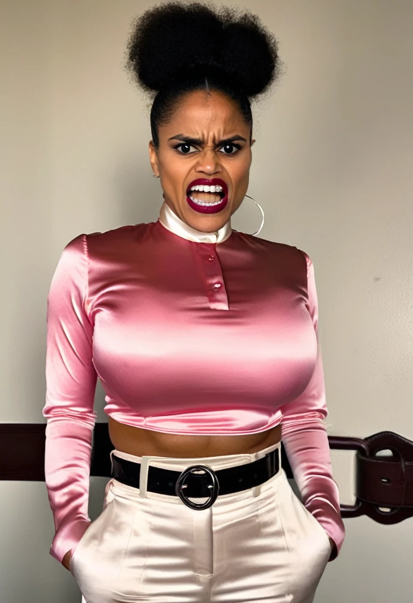 closeup shot from below, (muscular evil angry Zazie Beetz in pain showing closed teeth with flared nostrils and furrowed brows:1.5) in a (closed satin skintight buttondown band collar blouse with extremely tight belt:1.6), tight hairbun, silk gloves, (widened eyes), (muscular arms), subtle evil stare with flared nostrils, (evil laugh), skintight satin pants defining her body, uptight, popped collar, stiff posture,
