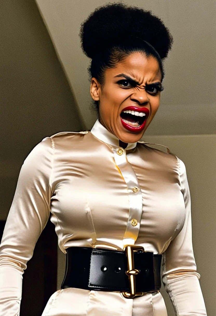 closeup shot from below, (muscular evil angry Zazie Beetz in pain showing closed teeth with flared nostrils and furrowed brows:1.5) in a (closed satin skintight buttondown band collar blouse with extremely tight belt:1.6), tight hairbun, silk gloves, (widened eyes), (muscular arms), subtle evil stare with flared nostrils, (evil laugh), skintight satin pants defining her body, uptight, popped collar, stiff posture,