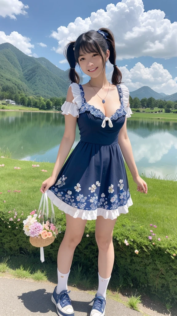 Japanese, high school girl, brown eyes, smiling face, young face, black hair, pigtails, blue ribbon hair ornament, cleavage, necklace, floral pattern blue and white short-sleeved dress, necklace, cleavage, blue miniskirt, black socks, blue shoes, blue sky and white cumulonimbus clouds, standing in front of a lakeside, lily flower bed, plateau scenery, foothills, nostalgic scenery, summer scenery, gravure photo shoot