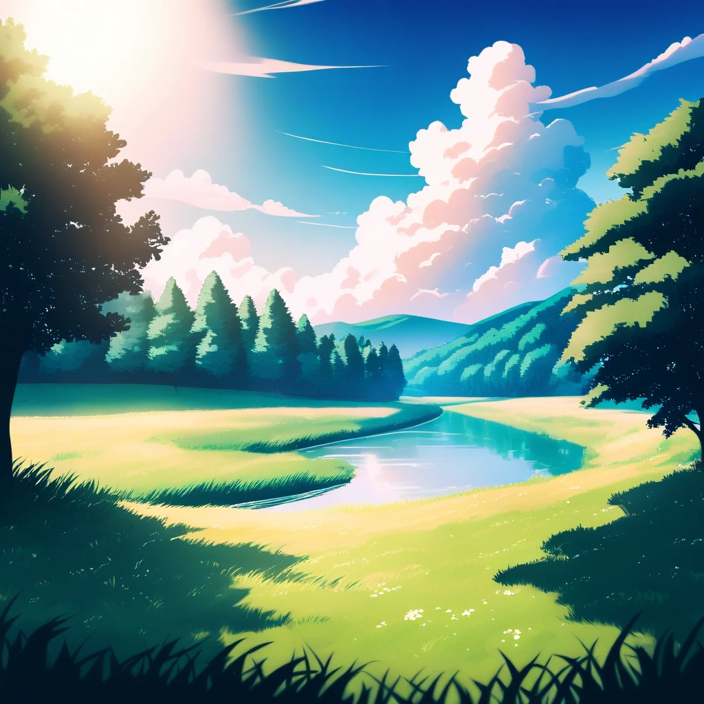Background painting, summer countryside, grass and trees, waterways, summer sky and incoming clouds, clear contrast between sun and shadow, 8KHDR