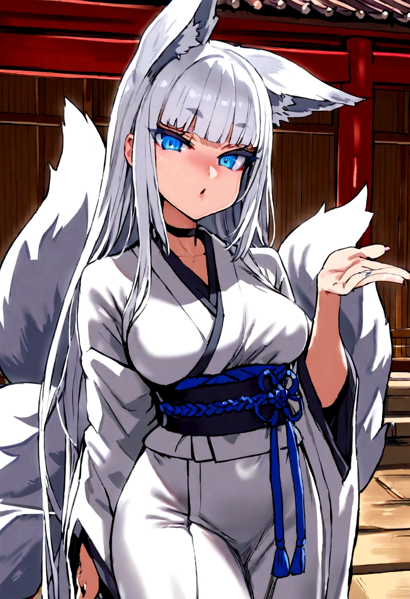 masterpiece, best quality, kitsune 1girl, solo, beautiful kitsune woman, fox ears, bangs, white hair, very long hair, blue eyes, blowing a kiss, medium breasts, black choker, white kimono, long kimono, long kimono sleeves, blue sash, 5 white fox tails, white hair, looking at viewer, shrine background