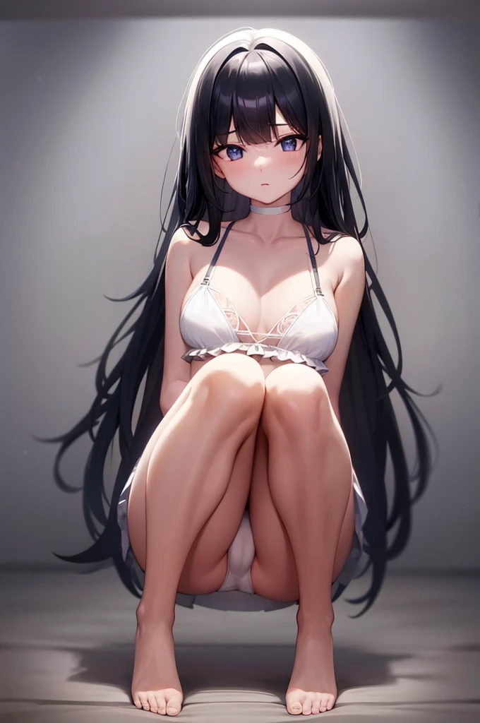 High quality, high definition, masterpiece, Anatomy Correct, 1 girl, Black hair, straight hair, long hair, Gradient black eyes, Clear eyes, Charm body, sweet, sexy underwear, white bra, white panties, pussy cameltoe, Living room, Squating,