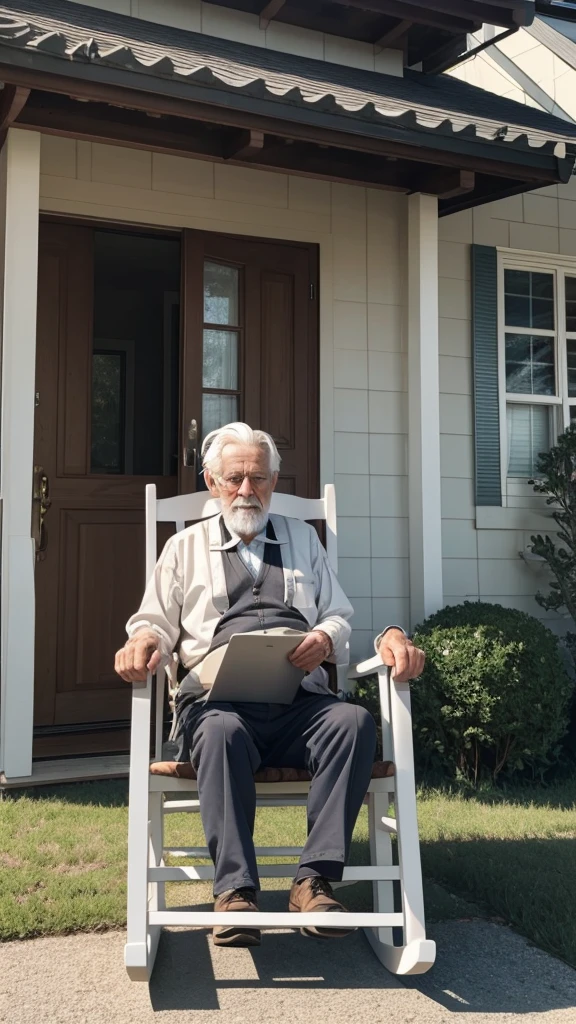 Elderly man with white hair sitting in a rocking chair in front of his house.