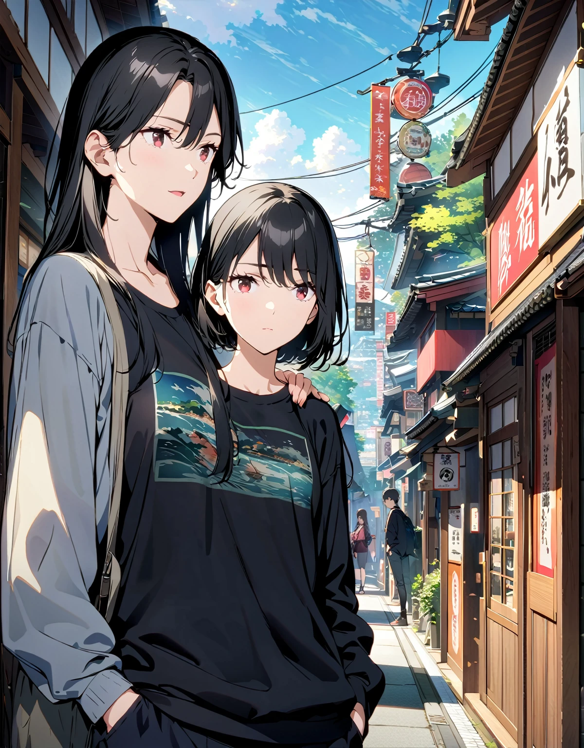 Very delicate and beautiful，非常にdetailed，CG，Unity，8k wallpaper，wonderful，detailed，masterpiece，The best quality in the best condition，Official Art，非常にdetailed CG 8k Unbelievably ridiculous resolution,Beautiful and exquisite,High resolution，非常にdetailedな目と顔,(Put your hands in your pockets:1.4),  (Shibuya Ward:1.4), (Daytime lighting:1.4),  (Long black hair:1.4), Red Eyes, Black T-shirt,Bag on the shoulder,Japan Town