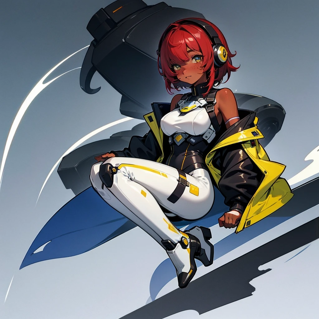 full body,1 girl,(cute:1.3),red Hair, left eye blue, right eye yellow, tan skin, freckles all over body{White breastplate, Black futuristic headphones, Mechanical black glossy metallic Bodysuit, Bare shoulders, oversized jacket, Glossy, shiny material},20 old