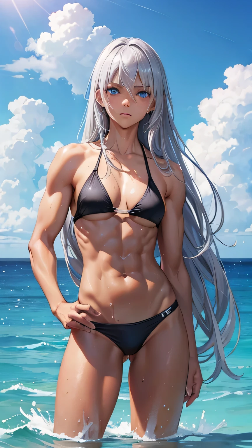highest quality、Realistic、girl、Silver Hair、Light blue eyes、Long Hair、Swimwear、Tanned black body、A well-trained body、muscle、Abdominal muscles、athlete、Tan Skin、Brown black skin、slender、Sweat、Arms crossed、Ocean、Bust Shot