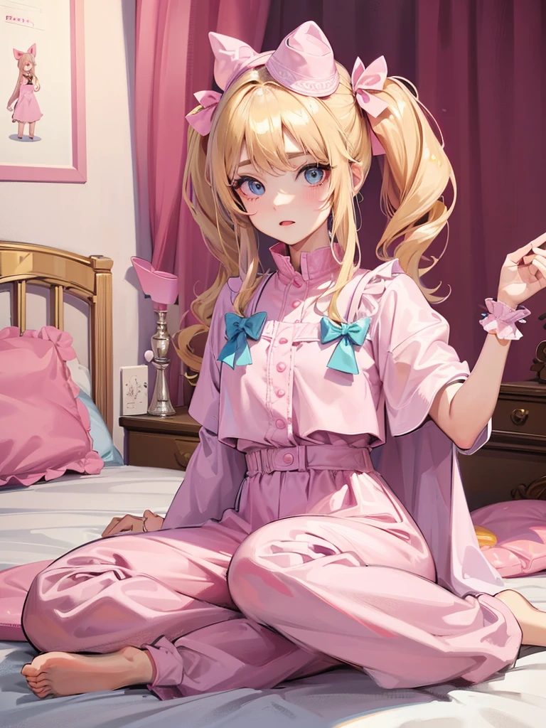 an adult woman, blonde with two pigtails with a bow each pink, pink jumpsuit dress, she has blue eyes, a pink hat on her head, she is in her room alone on her bed