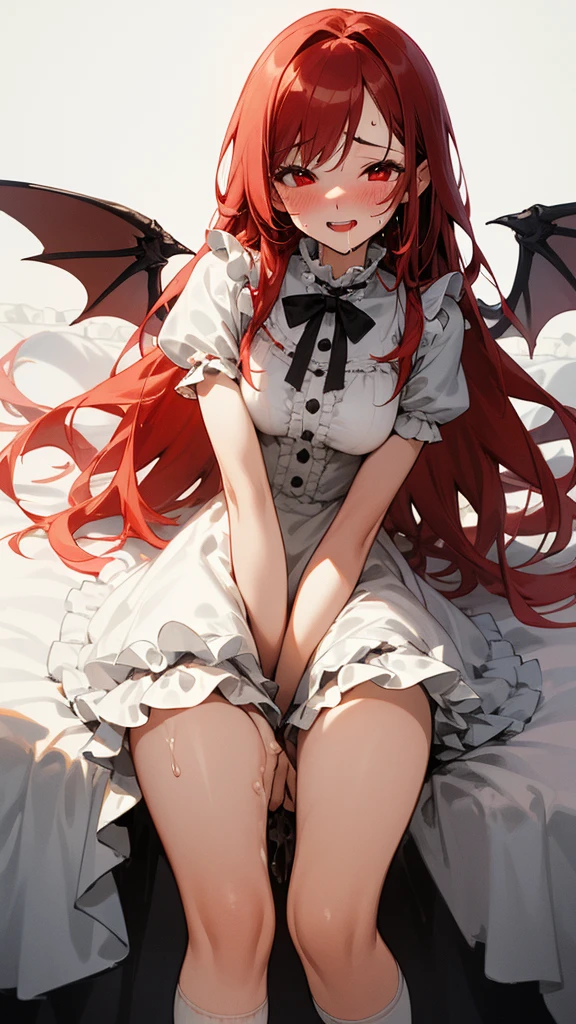 My dress up darling, Marin Kitagawa, red eyes, stunning proportions, white background, long hair, extremely detailed, blushing, cum, dripping, ((soft, soft light, gentle)), vagina, no panties, bed, drool, drooling, dripping cum, dripping, (frilly black short socks, frills, frilly), smile, red hair, devil wings