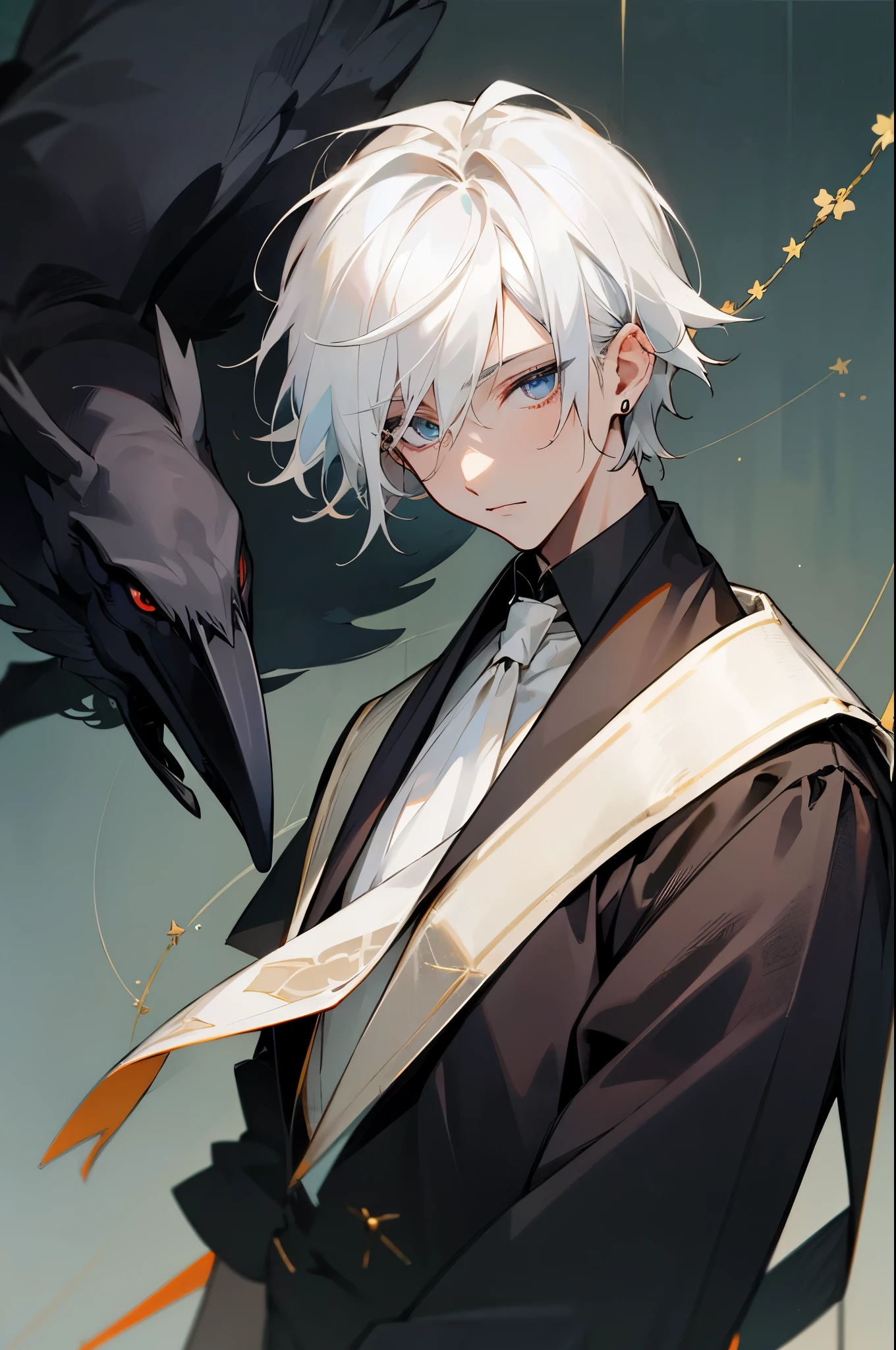 masterpiece,best quality,1boy,jewelry,male focus,looking at viewer,solo,upper body,white hair,crow,