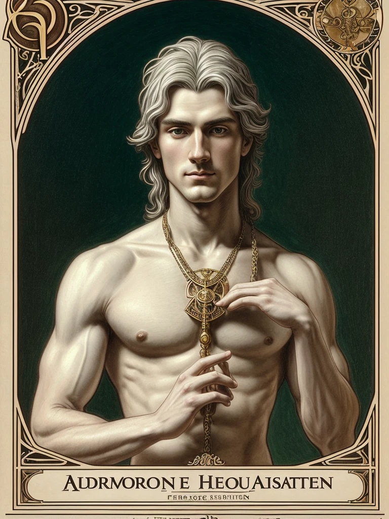 (absurderes, high resolution, ultra detailed), 1 male, , elegant, tall muscular man, wide shoulders, finely detailed eyes and detailed face, \tarot\, Bard, Symbolism, visualart, universal, vision casting, Philosophical, Iconography, Numerology, Popularity, artistic, Alfonse Mucha,albino,by white、Sanpaku eyes, Detailed hands, beautiful, accompanying another male