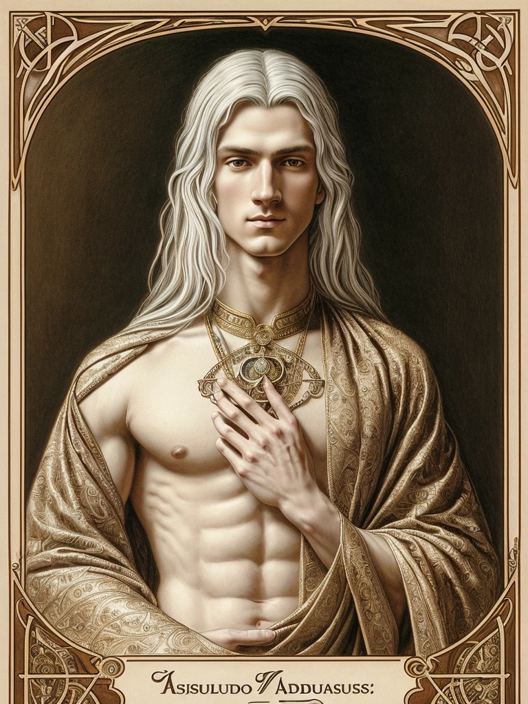 (absurderes, high resolution, ultra detailed), 1 male, , elegant, tall muscular man, wide shoulders, finely detailed eyes and detailed face, \tarot\, Bard, Symbolism, visualart, universal, vision casting, Philosophical, Iconography, Numerology, Popularity, artistic, Alfonse Mucha,albino,by white、Sanpaku eyes, Detailed hands, beautiful, accompanying another male