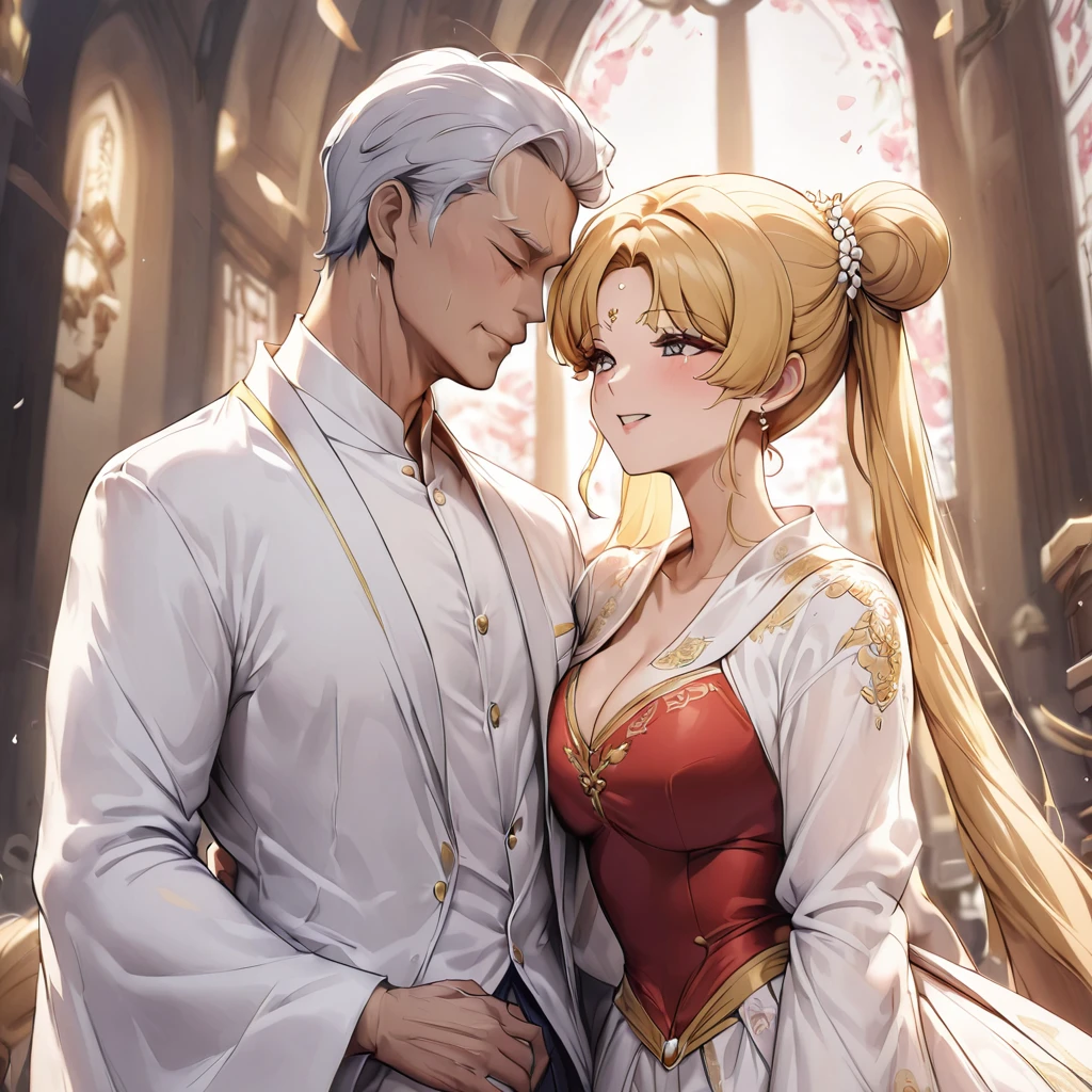 ((Highest quality)), ((masterpiece)), (detailed), (Perfect Face)、A woman is getting married in a luxurious Chinese church, wearing a full set of Hanfu wedding attire with gold embroidery on red fabric, embracing a middle-aged man in Hanfu and kissing him in exchange for a wedding vow.、The woman has a gorgeous hairstyle and wears gorgeous jewellery.、The woman is the elegant Tsukino Usagi, with long blonde hair in a chignon twin tail.、A man is dressed in a Hanfu groom costume and is having a wedding with a woman