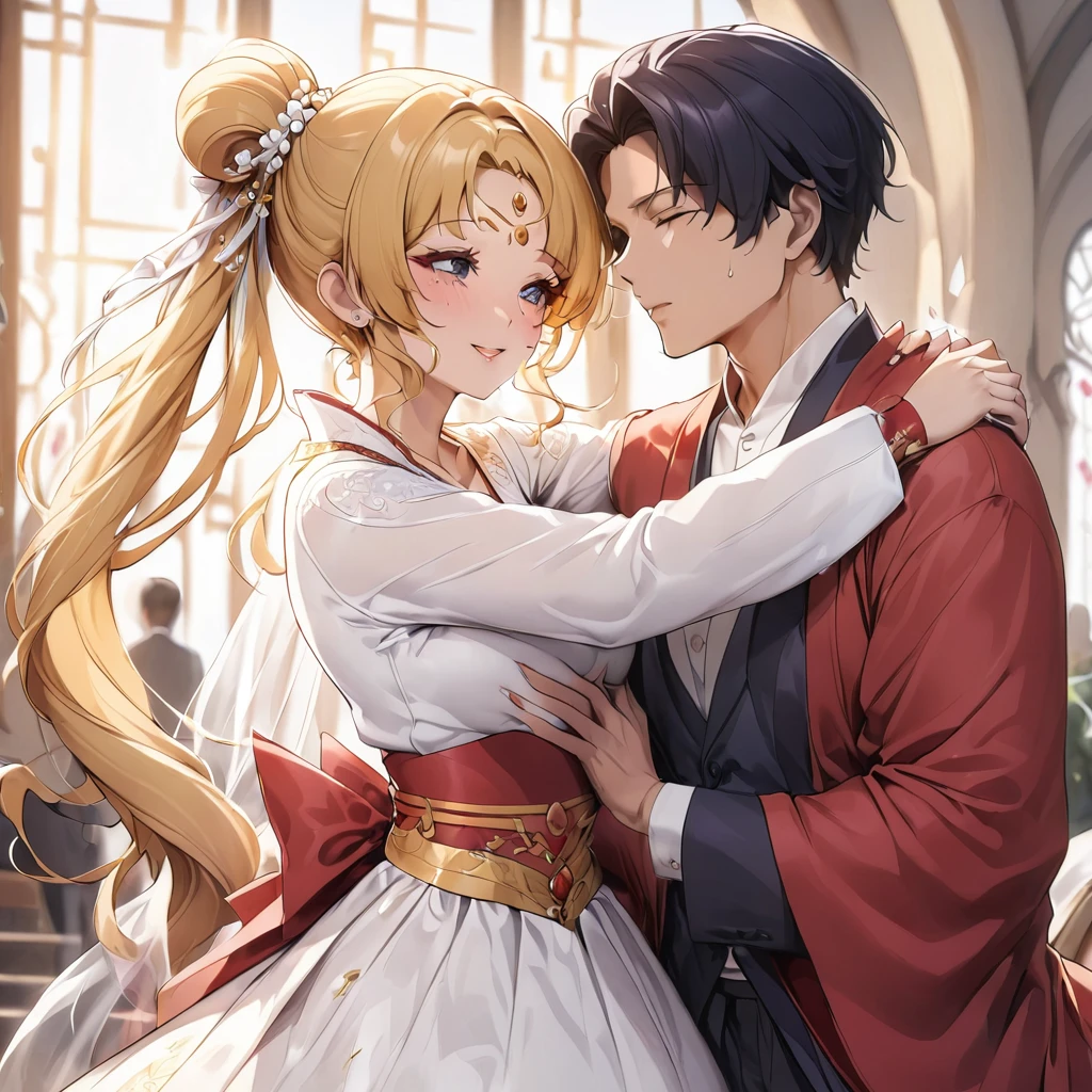 ((Highest quality)), ((masterpiece)), (detailed), （Perfect Face）、A woman is getting married in a luxurious Chinese church, wearing a full set of Hanfu wedding attire with gold embroidery on red fabric, embracing a middle-aged man in Hanfu and kissing him in exchange for a wedding vow.、The woman has a gorgeous hairstyle and wears gorgeous jewellery.、The woman is the elegant Tsukino Usagi, with long blonde hair in a chignon twin tail.、A man is dressed in a Hanfu groom costume and is having a wedding with a woman