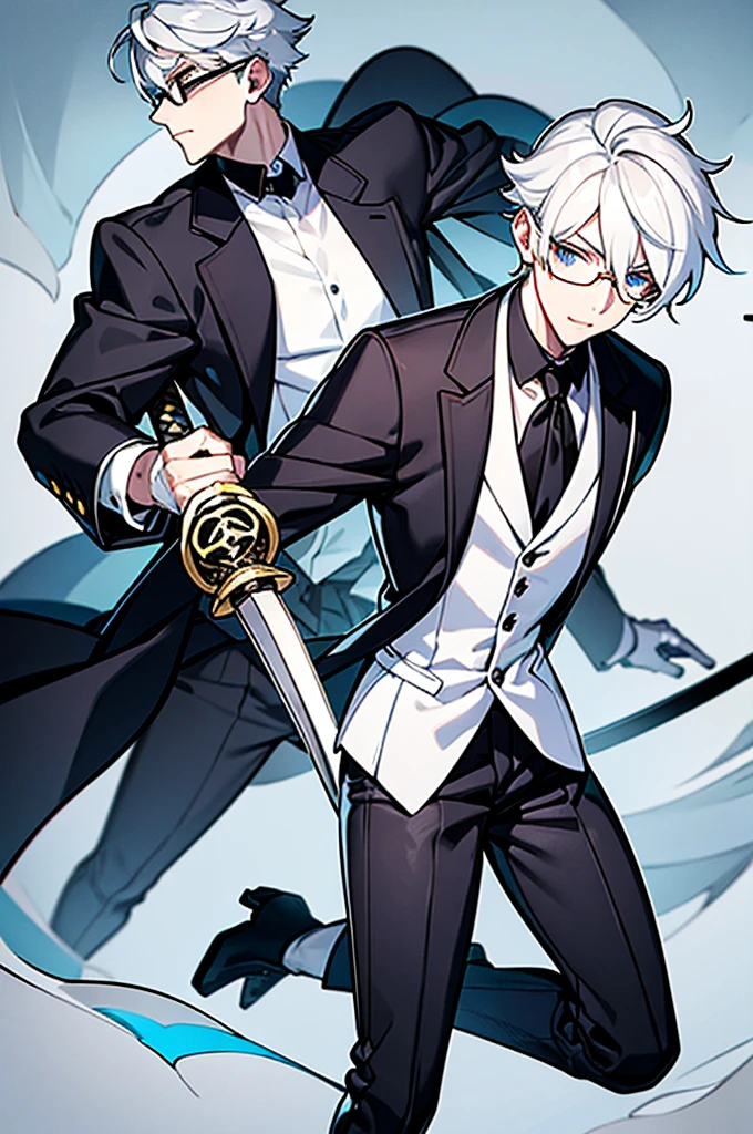 Handsome young man, Slender figure, white hair, Black suit shirt,white skin,blue eyes,Wear black gloves.,There was a katana sword at his waist.,wearing black eyeglasses