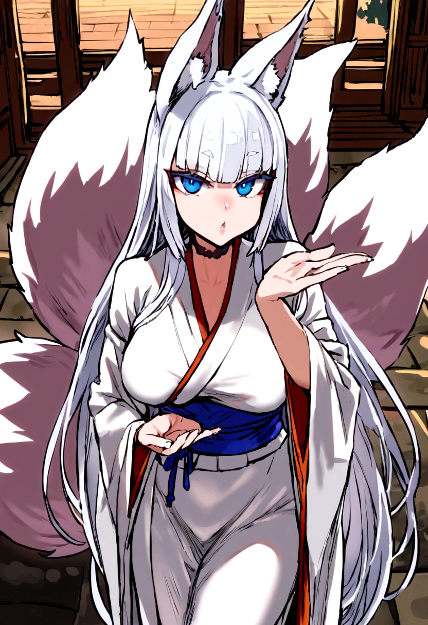 masterpiece, best quality, kitsune 1girl, solo, beautiful kitsune woman, fox ears, bangs, white hair, very long hair, blue eyes, blowing a kiss, medium breasts, black choker, white kimono, long kimono, long kimono sleeves, blue sash, 5 white fox tails, white hair, looking at viewer, shrine background