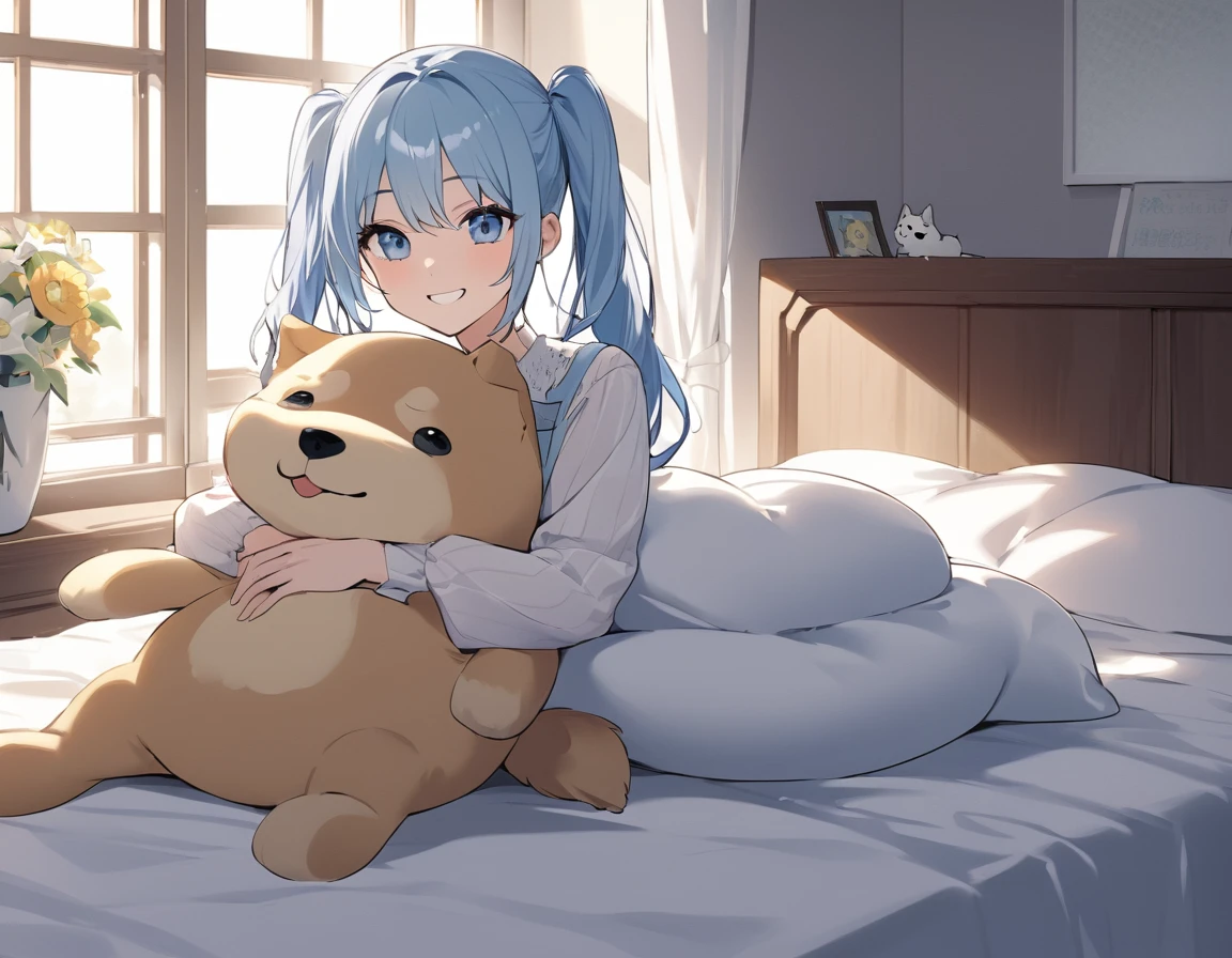 The room is decorated with many margaret flowers...、Margaret flowers on the windowsill、The sun is shining、Long light blue hair、beautiful girl with twin tails、Bright smile、Sitting on the bed hugging a big body pillow、My dog is watching over me beside my bed、Face Highlights