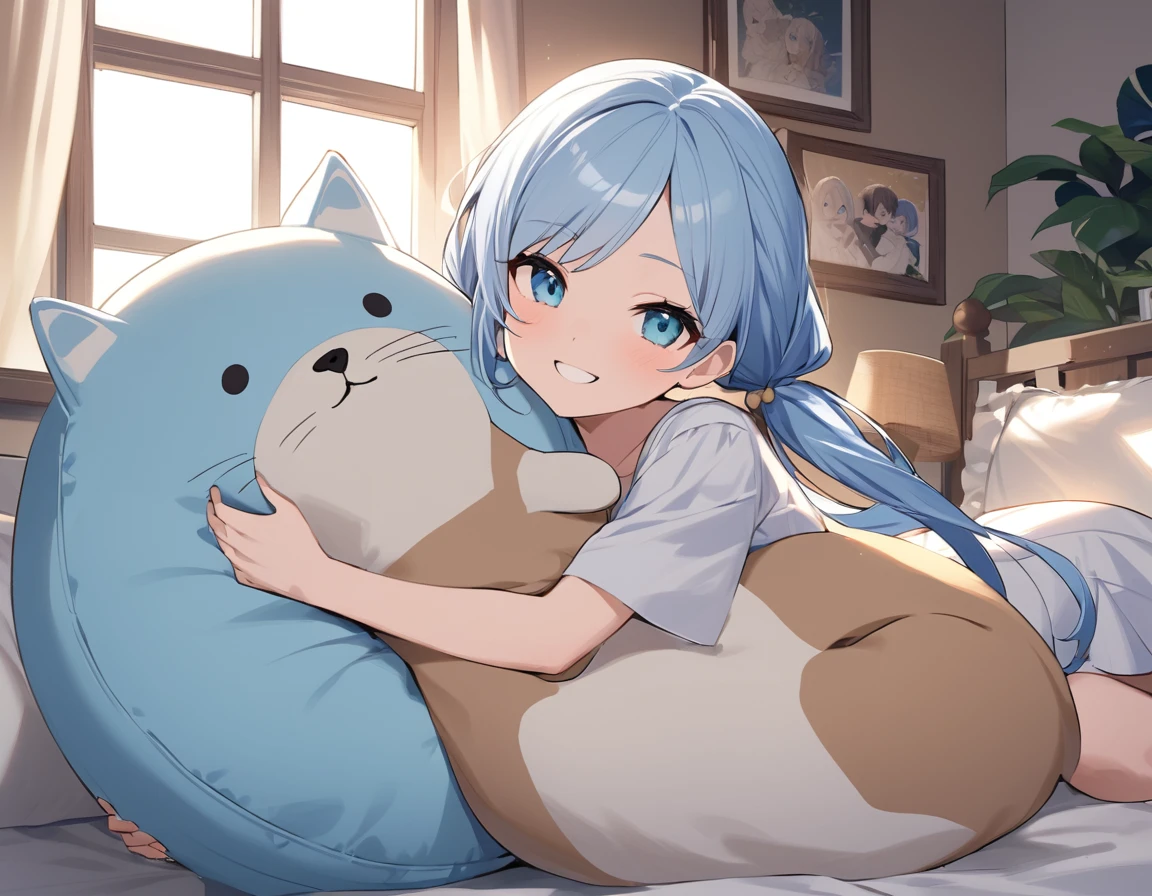 The room is decorated with many margaret flowers...、Margaret flowers on the windowsill、The sun is shining、Long light blue hair、beautiful girl with twin tails、Bright smile、Sitting on the bed hugging a big body pillow、My dog is watching over me beside my bed、Face Highlights