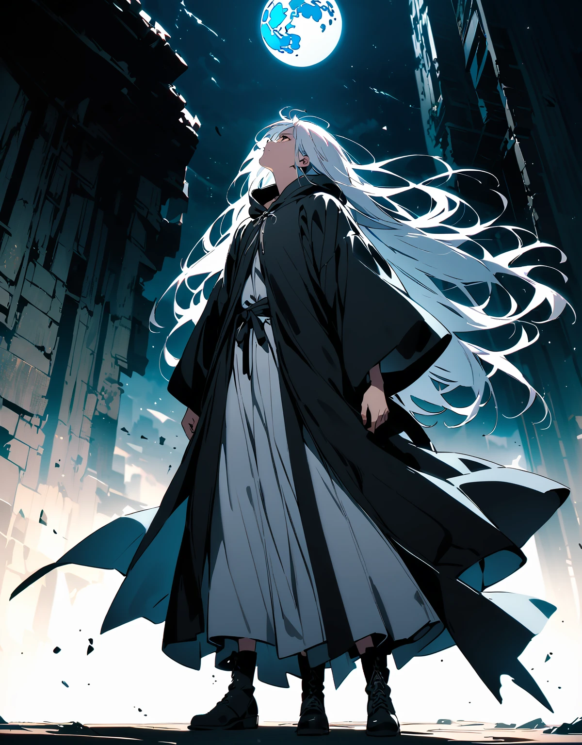 (Full body robe)Highest quality、Very high quality、high resolution、Serious face,(Detailed face), (Fine grain),White, flowing hair,Full body robe, Wear black boots,(The moon behind him),  White long hair,  (Looking up at the sky)profile,Background ruins,