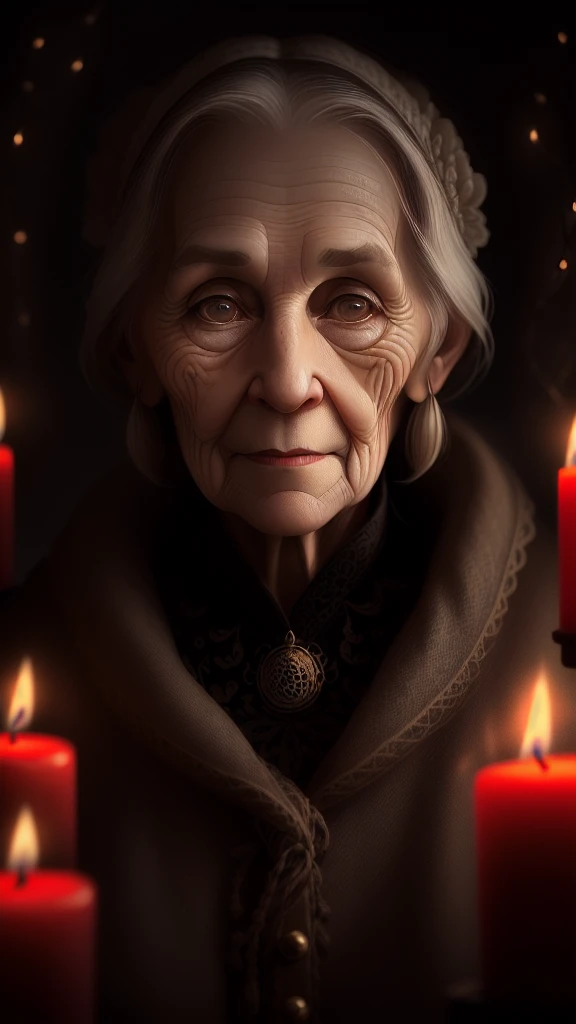 Intricate half body portrait of a very old Caucasian woman with wrinkles, illuminated by warm litted candles, with a backdrop of eerie dungeion . stunning interpretive visual,