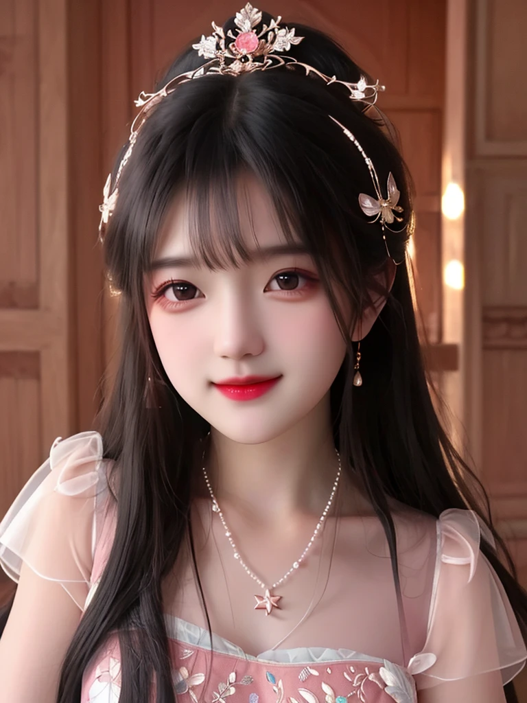 best quality, masterpiece, high resolution, 1 Girl,blush,(Charming smile:0.8),Star-shaped pupil,china hanfu,Hair accessories,necklace, Jewelry,Pretty Face,Above_Body, Tyndall effect,Reality, Dark Studio, Rim Light, Two-tone lighting,(High Detail Skin:1.2), 8K uhd, Digital SLR Camera, Soft lighting, high quality, Volumetric Lighting, frank, photo, high resolution, 4K, 8K, Bokeh