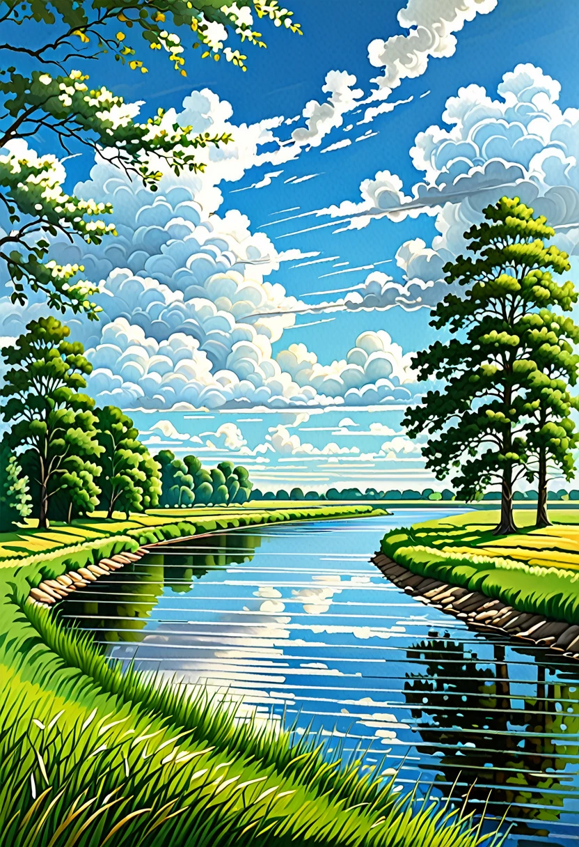 Background painting, summer countryside, grass and trees, waterways, summer sky and incoming clouds, clear contrast between sun and shadow, 8KHDR
