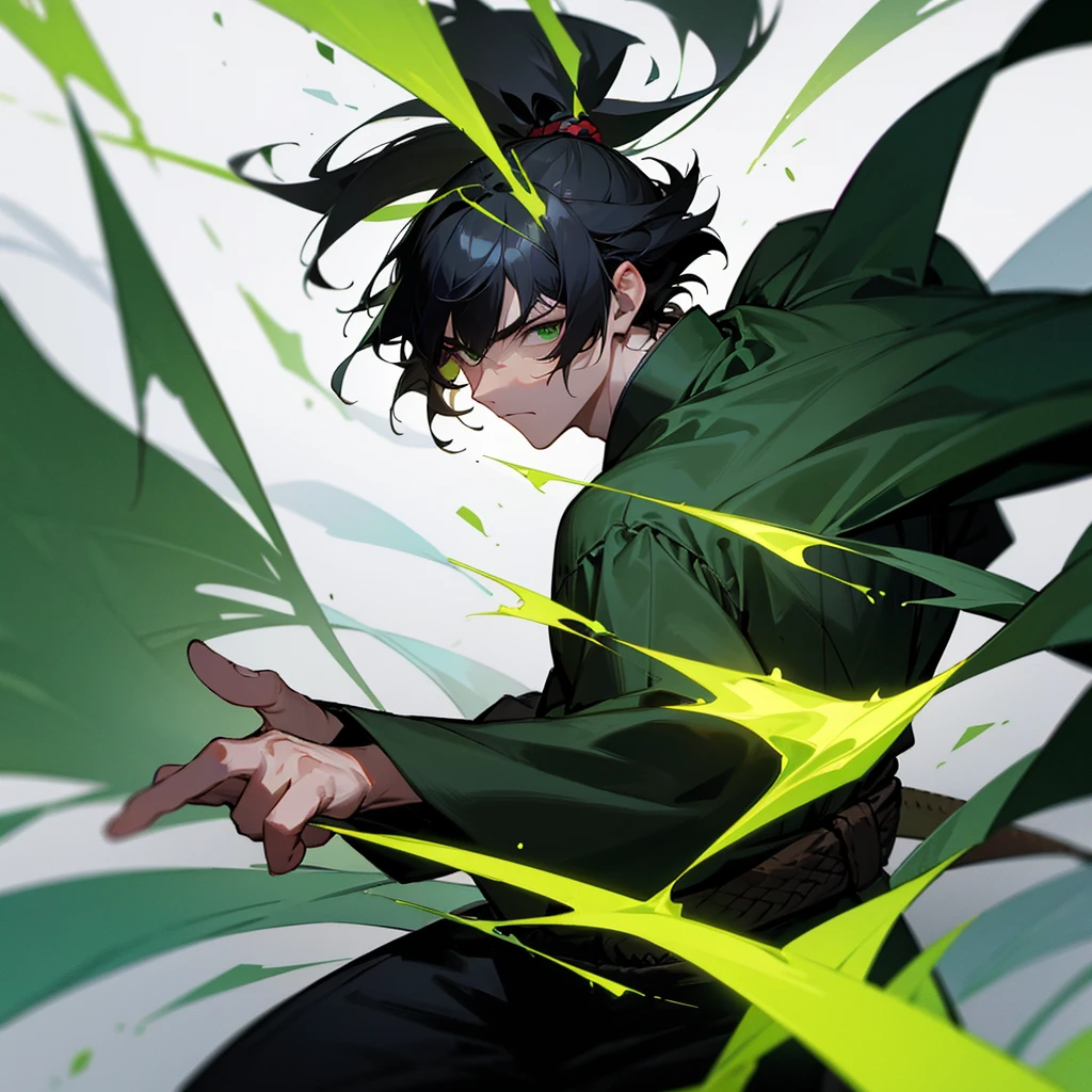 Black hair and green eyes guy, green aura, man with bangs, wearing black gi, samurai, white background