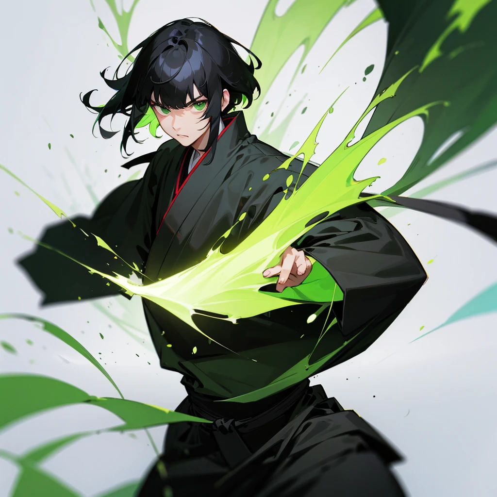 Black hair and green eyes guy, green aura, man with bangs, wearing black gi, samurai, white background