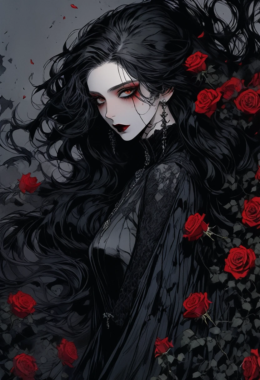 (Highest quality,4K,8K,High resolution,masterpiece:1.2),Super detailed,(Realistic,photoRealistic,photo-Realistic:1.37),Dark and mysterious,Detailed black clothing,Gothic Makeup,Black lipstick,Pale skin,Smokey Eye,Long black hair,Sharp Fangs,Red eyes,Vampire-like appearance,Expressive and sharp gaze,Earrings and ear piercings,Standing in a moonlit garden surrounded by roses,Spooky and eerie atmosphere,Cast long shadows,The faint moonlight illuminates her face,Creates a dramatic and striking effect.Hair fluttering in the wind、Gray gradient