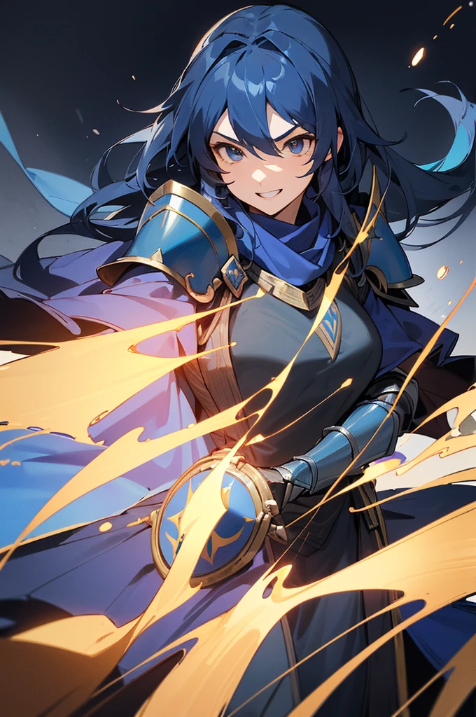 (highest quality、masterpiece:1.2), solo、1 girl, Lucina, (Dark blue armor、scarf、cloak), (blue long hair),one hand is on the waist, cool woman, ((a ferocious look、vulgar smile)), elegant、attractive、Sexy、Beautiful and well-shaped face、beautiful eyes、beautiful hair、smooth skin、beautiful mouth