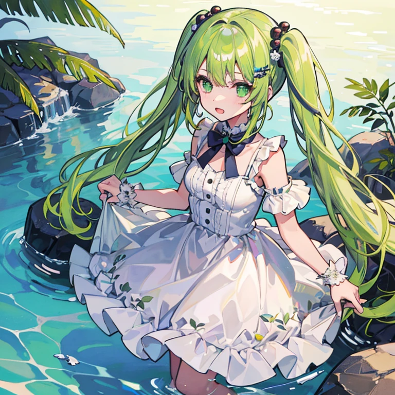 One girl, alone, hair ornaments, Green Hair, Twin tails, Long Hair, dress, water
