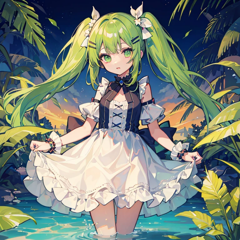 One girl, alone, hair ornaments, Green Hair, Twin tails, Long Hair, dress, water