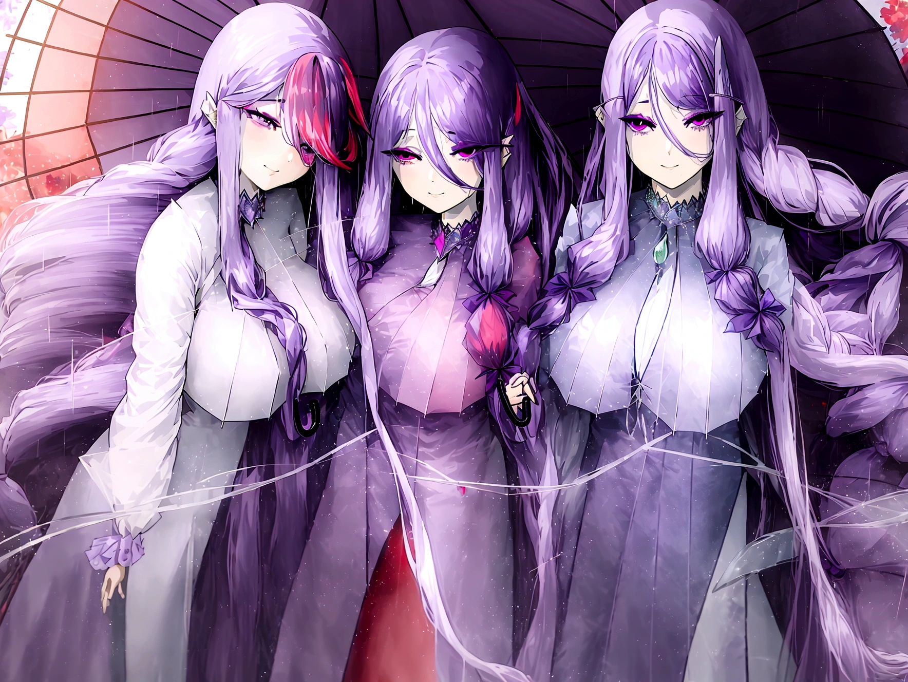 lens flare、Masterpiece、Rain is falling、Hydrangea field background、(40 years old:1.4) 、(1 woman:1.4)、(Light purple hair:1.4),tareme、(straight long hair:1.7),medium breasts,(droopy eyes:1.2)、Cheek dyeing、(purple right eye:1.4), medium breasts,(red left eye:1.4) 、(Eyeshadow:1.3)、(blush:1.2)、light smile、(Kappa:1.4)、Sexy、adult、(She has an umbrella:1.4)
