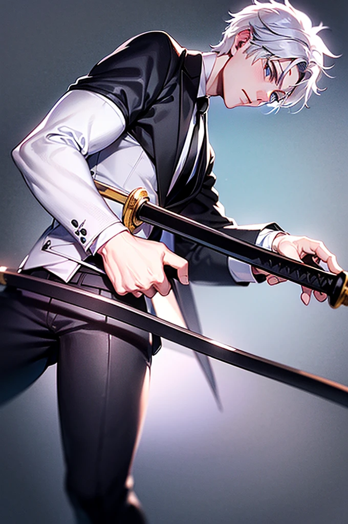 Handsome young man, Slender figure, white hair, Black suit shirt,white skin,blue eyes,Wear black gloves.,There was a katana sword at his waist.,wearing black eyeglasses