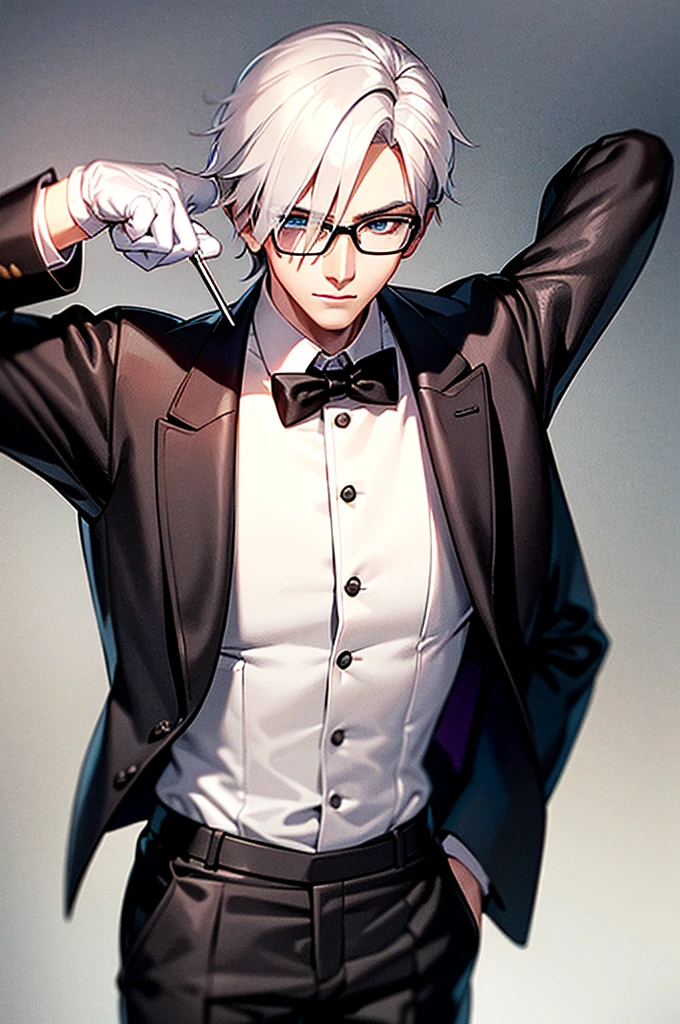 Handsome young man, Slender figure, white hair, Black suit shirt,white skin,blue eyes,Wear black gloves.,There was a katana sword at his waist.,wearing black eyeglasses