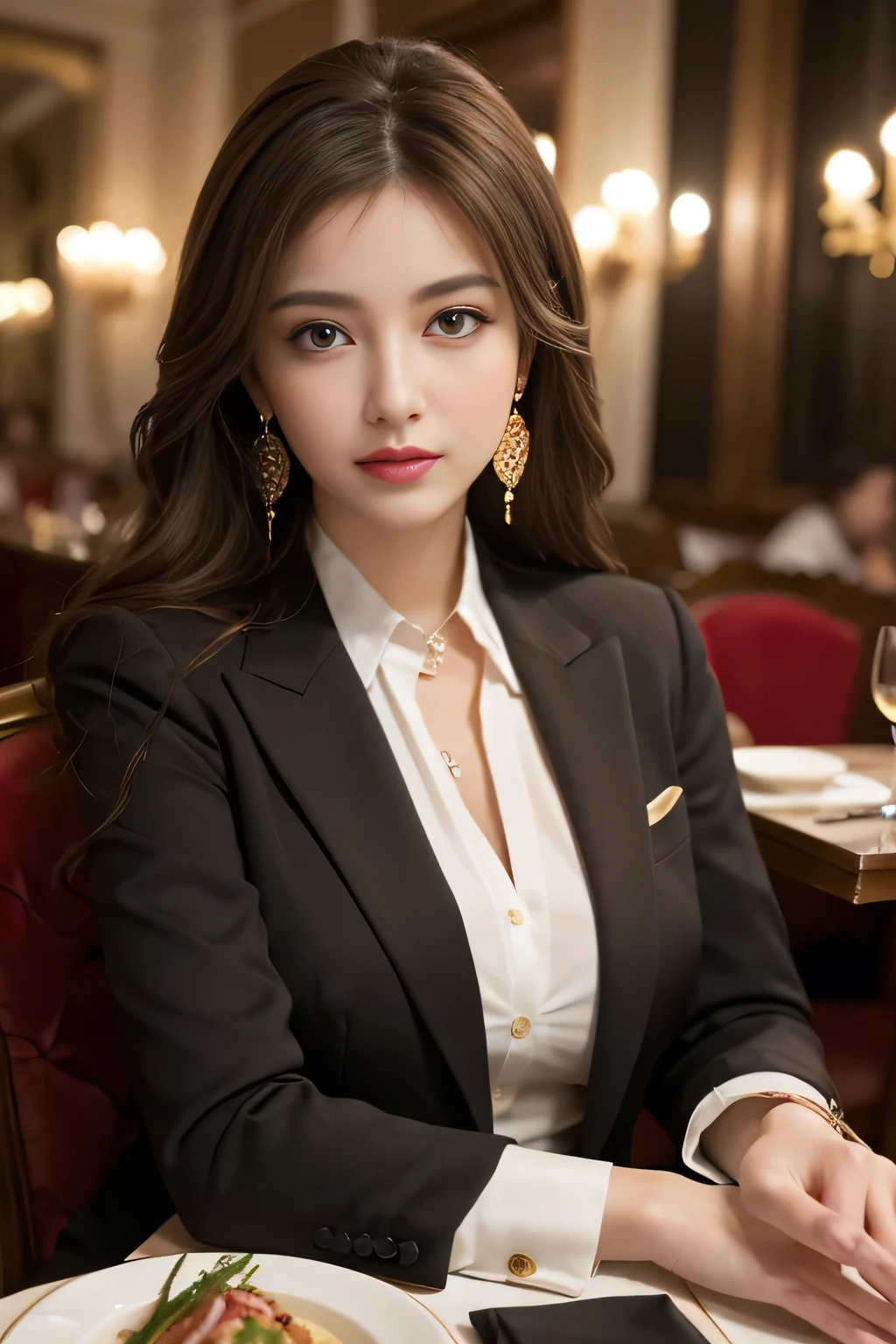 masterpiece, Highest quality, Realistic, Very detailed, Finer details, High resolution, 8k wallpaper, One beautiful woman,Wear a nice suit, In a great restaurant, At night, Light brown messy hair, Perfect dynamic composition, Beautiful and beautiful eyes、Big earrings、Sit on a chair