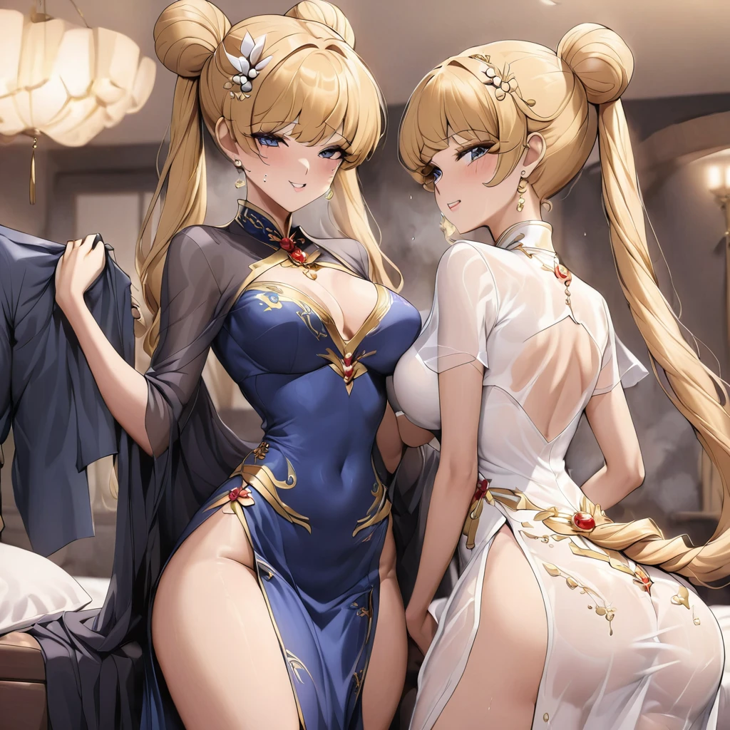 ((Highest quality)), ((masterpiece)), (detailed), (Perfect Face)、A woman with the same appearance but different clothing colors3Two people are servicing a man on a large bed、The woman is wearing a gorgeous, glittering, long-slit see-through Chinese dress with gold embroidery, a black veil and a black see-through cape, as well as a gorgeous hair ornament and gorgeous jeweled accessories.、The woman is the elegant Tsukino Usagi, with long blonde hair in a chignon twin tail.