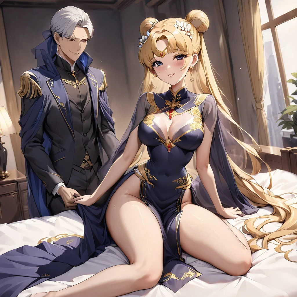 ((Highest quality)), ((masterpiece)), (detailed), (Perfect Face)、A woman with the same appearance but different clothing colors3Two people are servicing a man on a large bed、The woman is wearing a gorgeous, glittering, long-slit see-through Chinese dress with gold embroidery, a black veil and a black see-through cape, as well as a gorgeous hair ornament and gorgeous jeweled accessories.、The woman is the elegant Tsukino Usagi, with long blonde hair in a chignon twin tail.