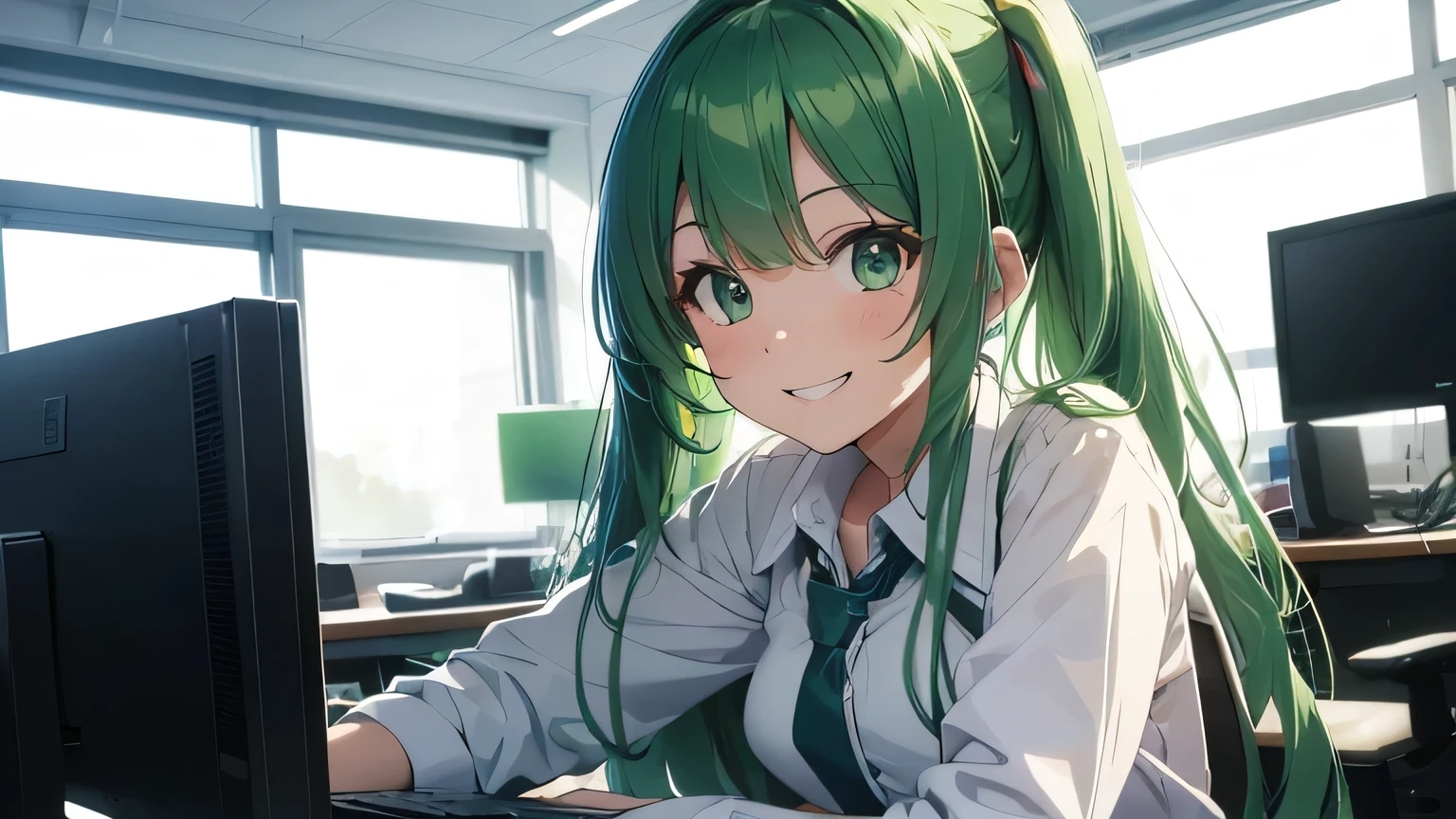 Using a computer, cheerful, smiling, cute girl, one person, dress shirt, no exposure, green hair, semi-long, looking at the camera, bright computer room, person placement on the right, illustration, no cut-off