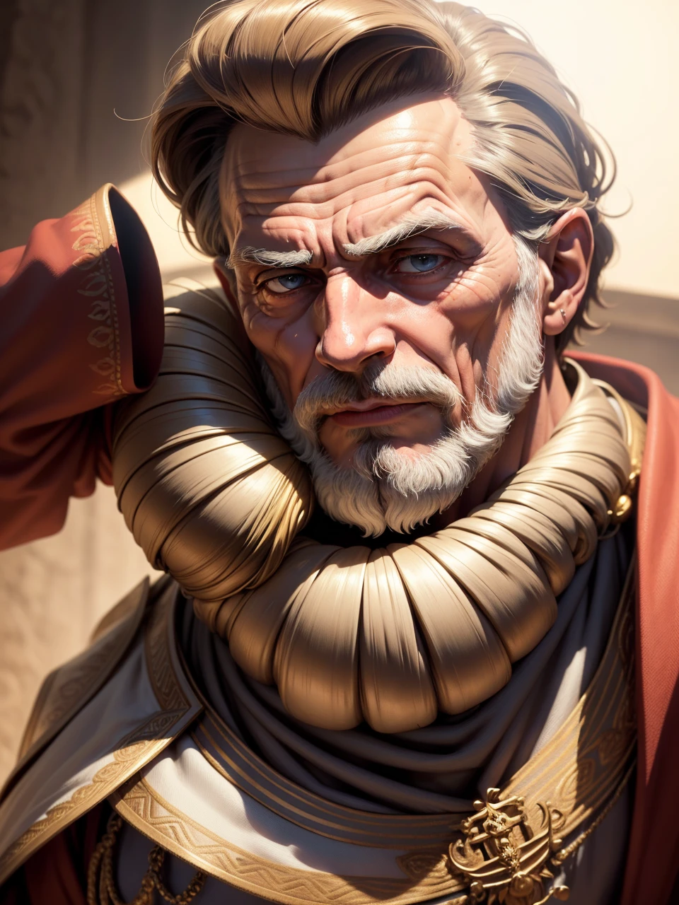 man in front position, com barba e cabelos brancos curtos e lisos. and a medal closing the tunic on his chest, stoic facial expression, Homem de Roma Antiga. philosopher Plato. Wise old man, um velho, old man, Retrato de Merlin, velho mestre, rosto hiper realista, with detailed facial features, como se ele estivesse vivo hoje. cinematic. Rosto romano realista de 8k bernini, super realistic facial features, Rosto hiper-realista, photorealistic facial features