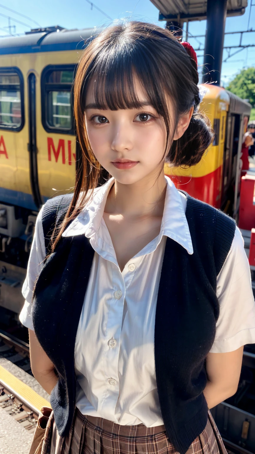 (masterpiece:1.2, highest quality), bokeh, 1 high school girl,
(Japanese idle:1.6), Plump breast, large breasts, Blushed face, updo, Looking at the viewer, standing at the train railway, high school uniform:1.6), sundown, Close up, expresses the roundness and softness of your chest