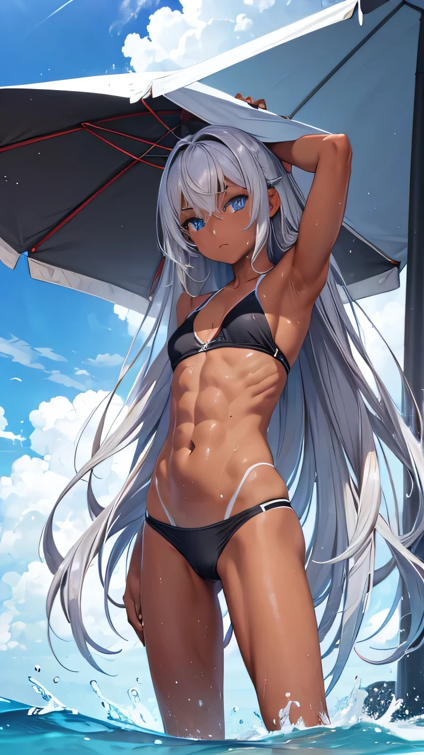highest quality、Realistic、girl、Silver Hair、Light blue eyes、Long Hair、Swimwear、Tanned black body、A well-trained body、muscle、Abdominal muscles、athlete、Tan Skin、Brown black skin、slender、Sweat、Arms crossed、Ocean、Bust Shot