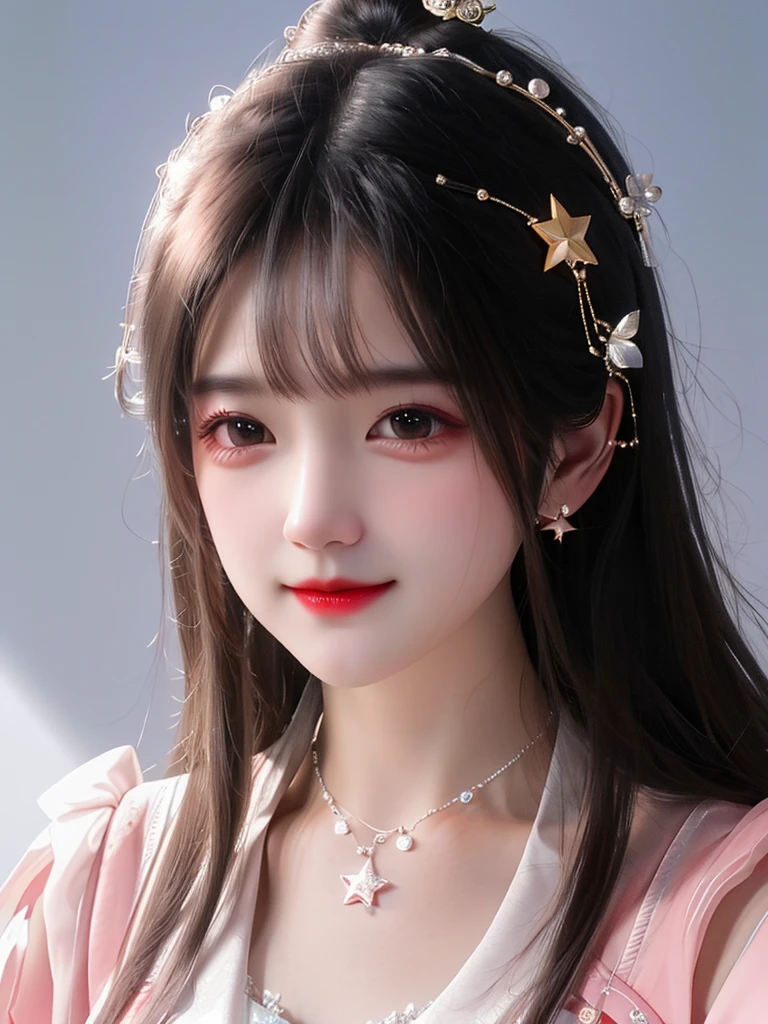 best quality, masterpiece, high resolution, 1 Girl,blush,(Charming smile:0.8),Star-shaped pupil,china hanfu,Hair accessories,necklace, Jewelry,Pretty Face,Above_Body, Tyndall effect,Reality, Dark Studio, Rim Light, Two-tone lighting,(High Detail Skin:1.2), 8K uhd, Digital SLR Camera, Soft lighting, high quality, Volumetric Lighting, frank, photo, high resolution, 4K, 8K, Bokeh